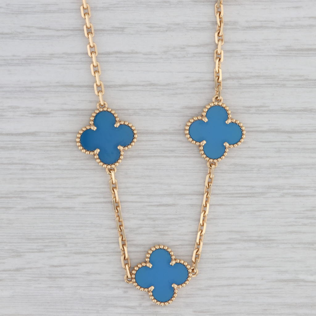 Gray Van Cleef Arpels VCA Alhambra Blue Agate Clover Necklace 18k Gold 16.5" Box