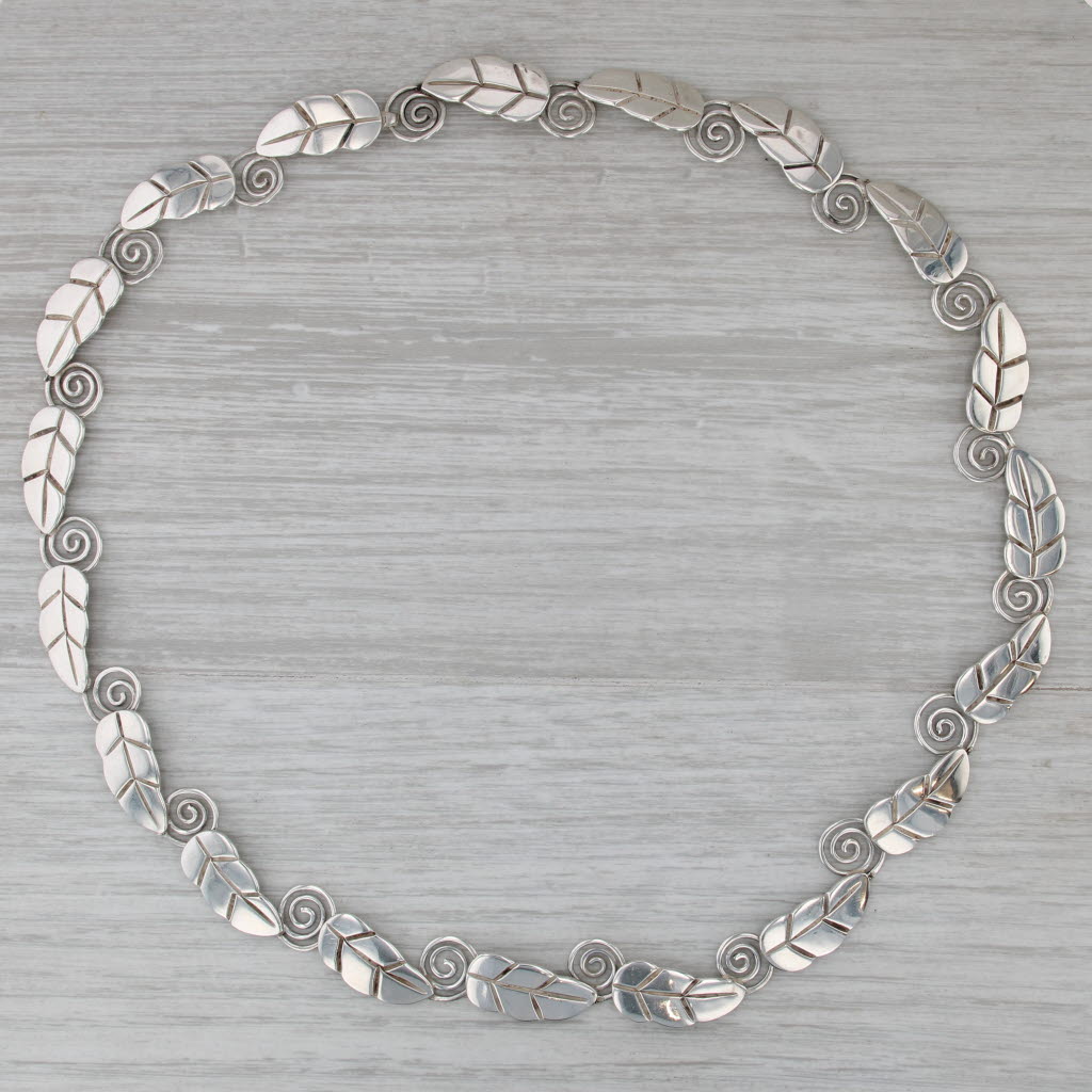 Leaf Swirl Link Statement Necklace Sterling Silver 19.5" Hook Clasp Taxco Mexico
