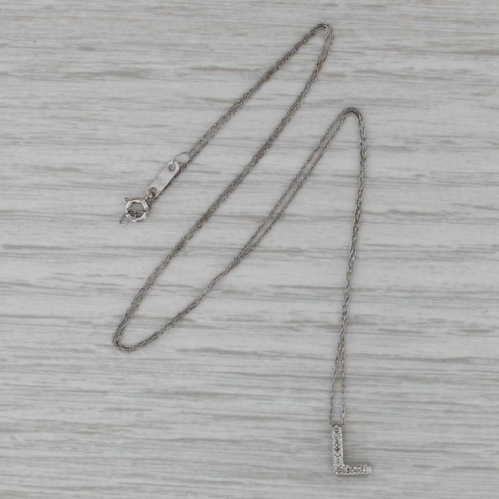 Diamond Letter Initital "L" Pendant Necklace 10k White Gold 18" Rope Chain