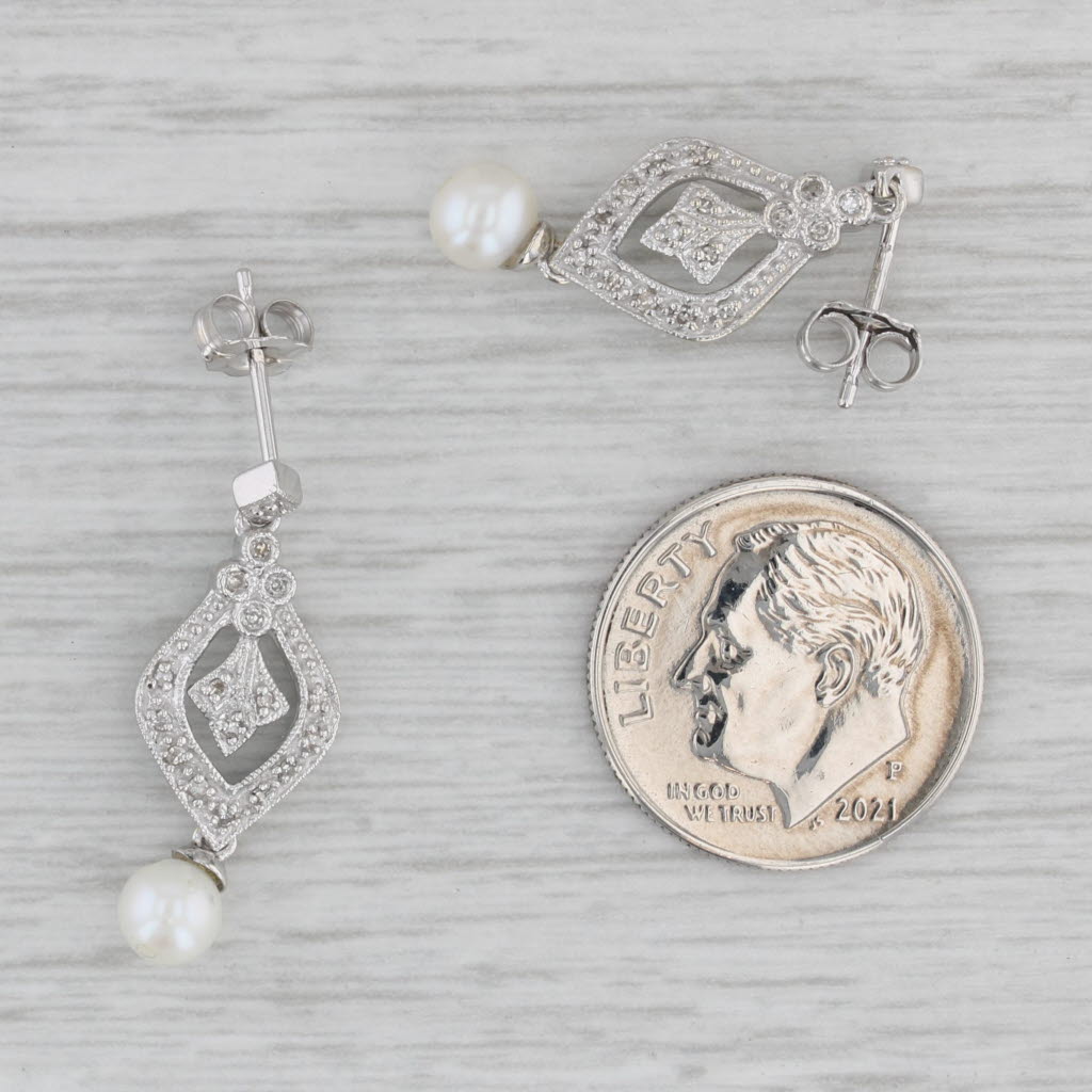 Gray Cultured Pearl Diamond Dangle Earrings 10k White Gold Vintage Style Drops