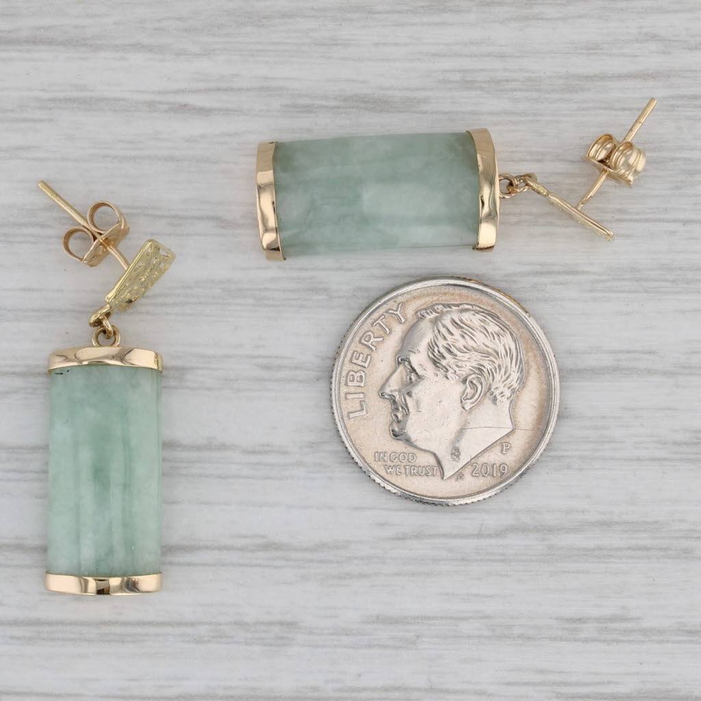 Gray Green Jadeite Jade Dangle Earrings 14k Gold Chinese Calligraphy Good Fortune