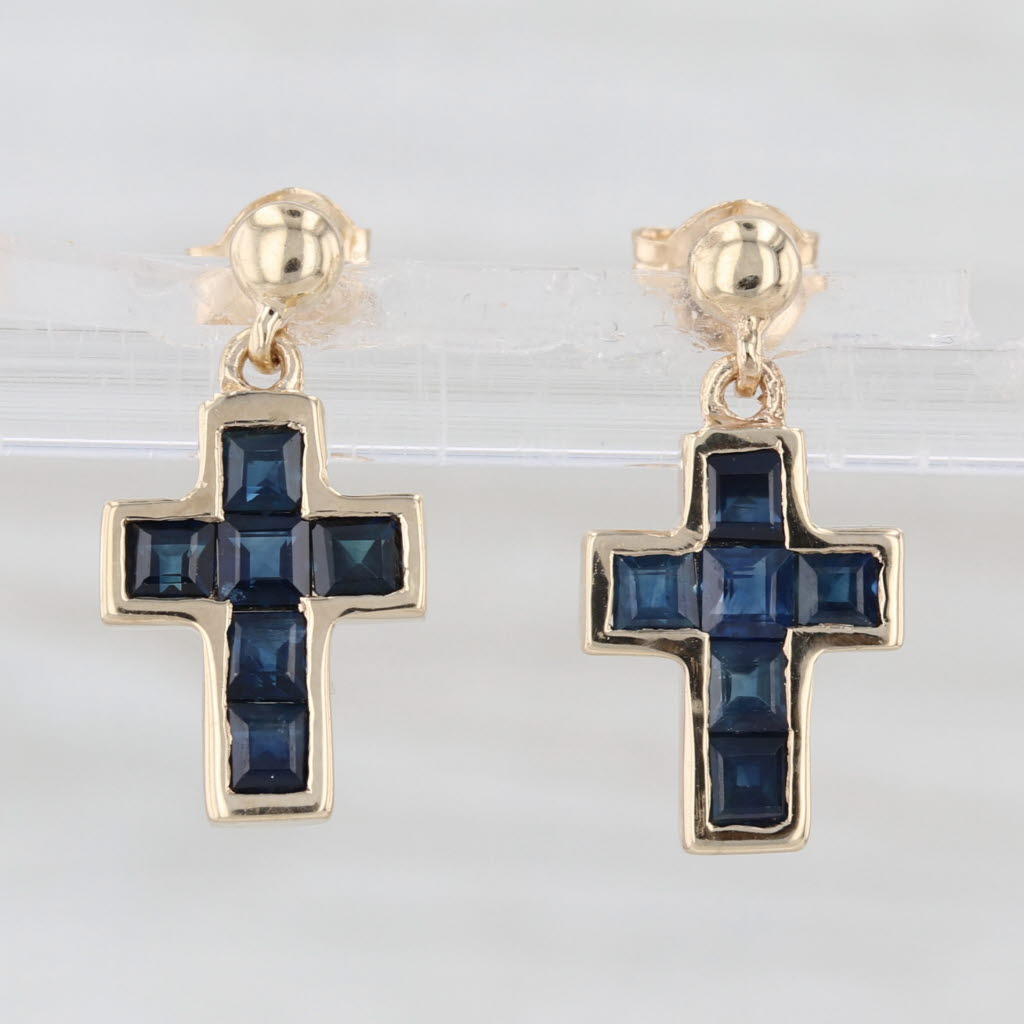 1.50ctw Blue Sapphire Cross Dangle Earrings 10k Yellow Gold Drops