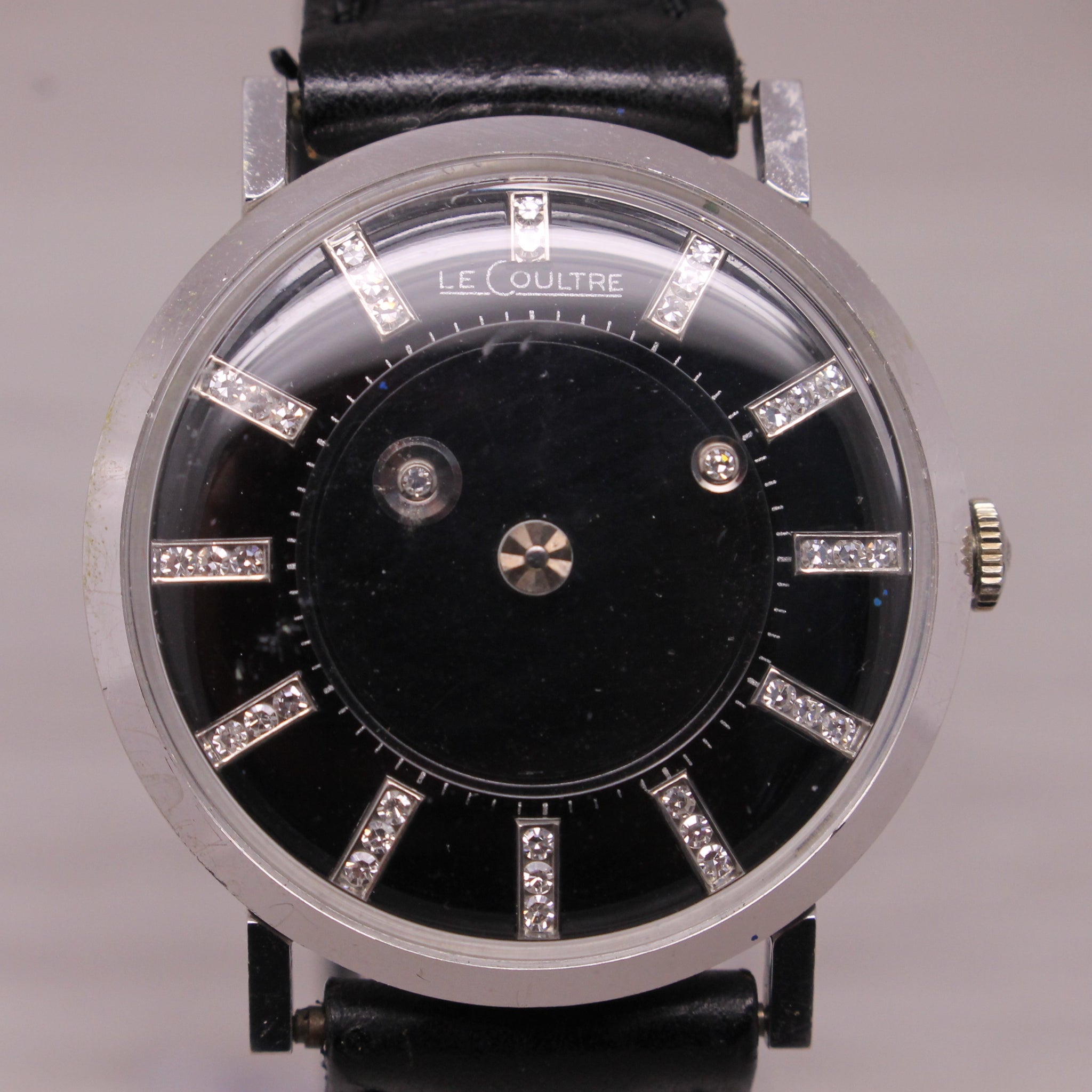 Vintage 1960s LeCoultre Mystery Dial 14k White Gold Diamond Dial Mens
