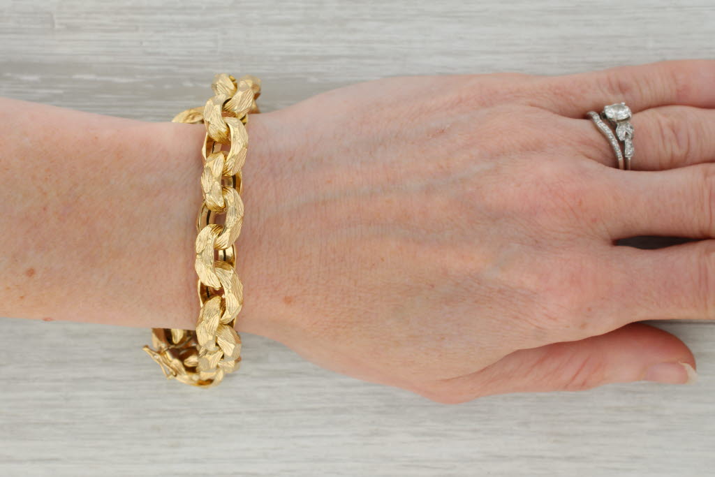 Rosy Brown Woodgrain Cable Chain Bracelet 18k Yellow Gold 7.75" 12mm