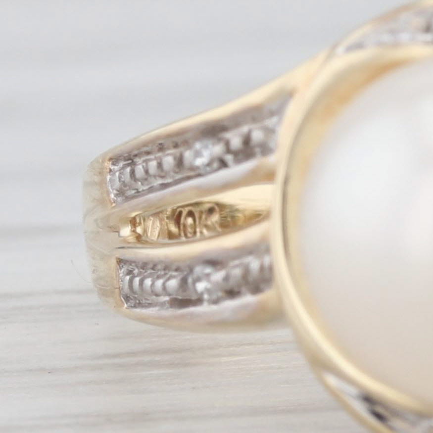 Light Gray Cultured Pearl Diamond Bypass Ring 10k Yellow Gold Size 7