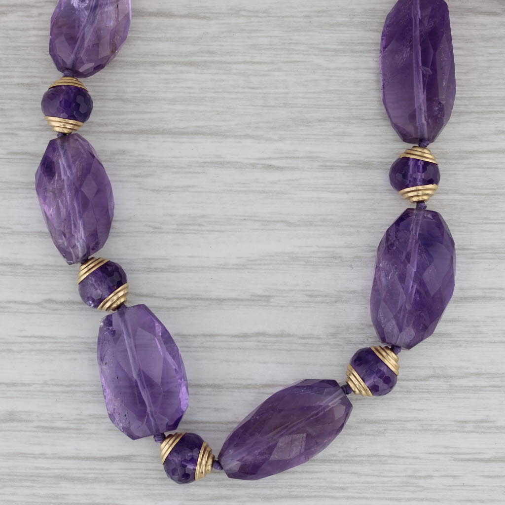 Gray Vintage Amethyst Bead Necklace 14k Yellow Gold 18" Statement