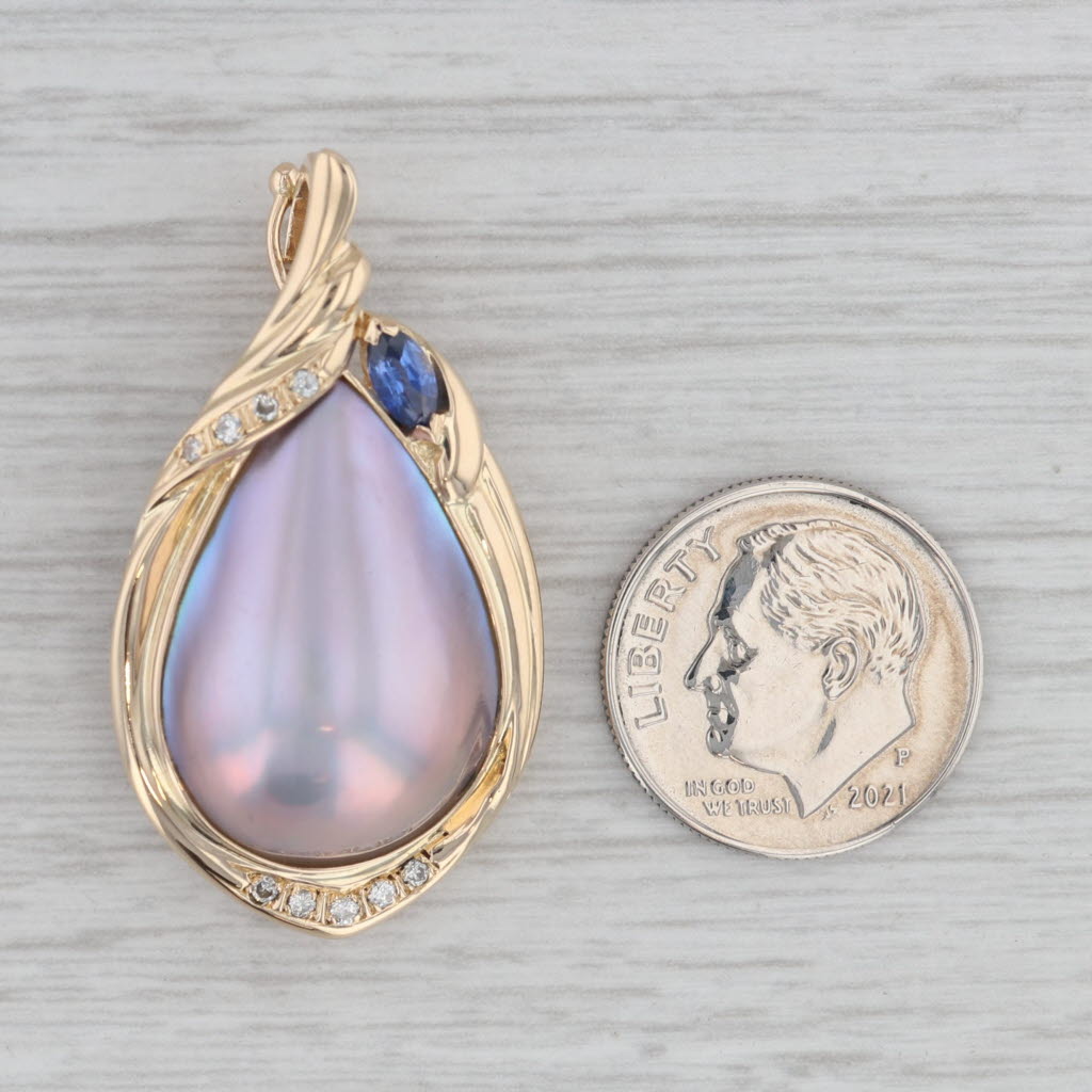 Gray Mabe Pearl Sapphire Diamond Teardrop Statement Pendant Enhancer 14k Yellow Gold