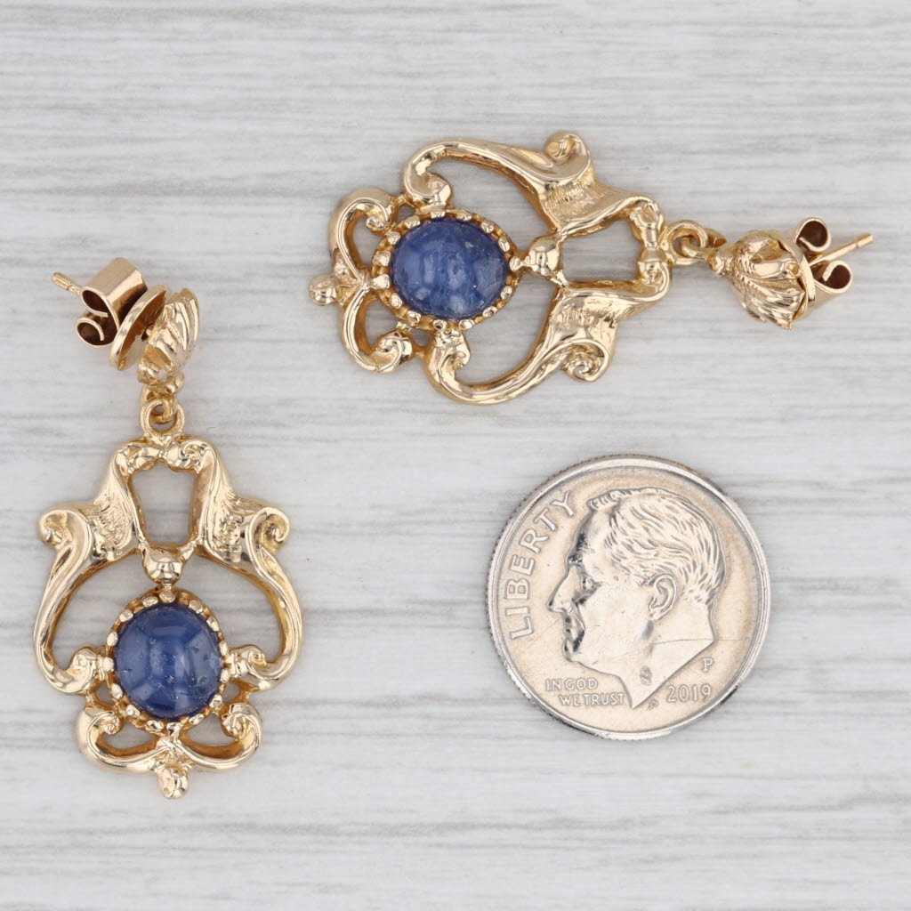 Light Gray Vintage Blue Cabochon Sapphire Dangle Earrings 14k Yellow Gold Ornate Drops