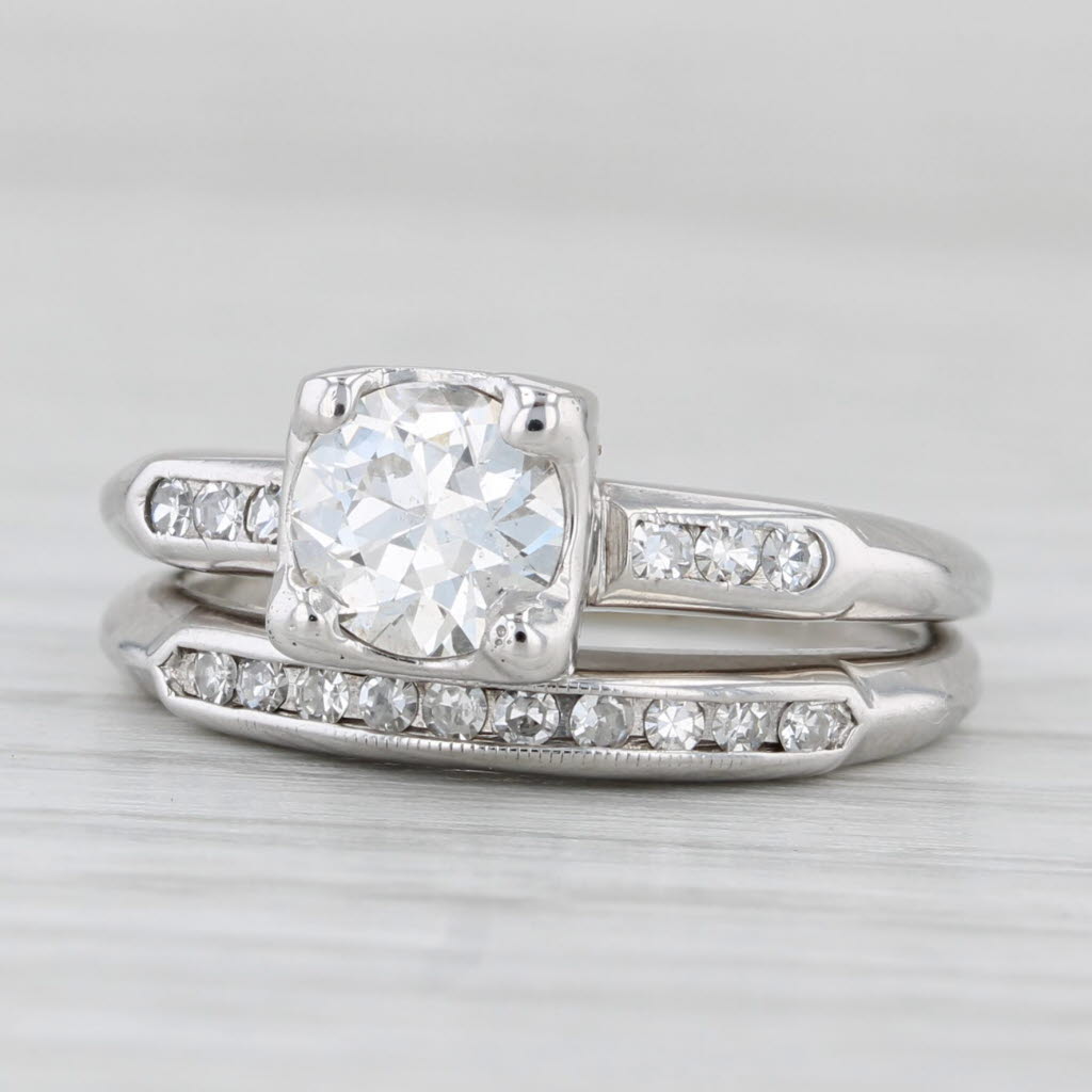 Light Gray Vintage 0.82ctw Diamond Engagement Ring Wedding Band Bridal Set 14k White Gold