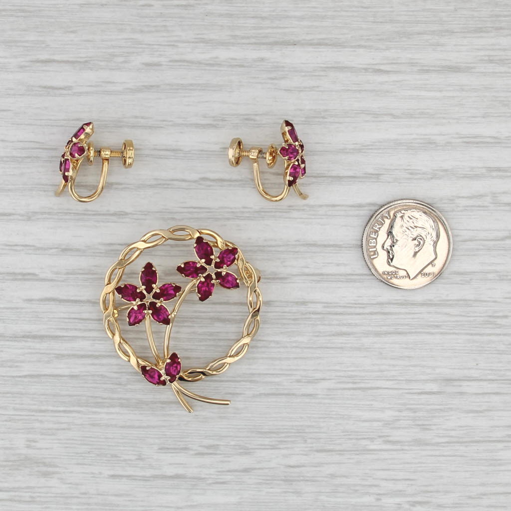 Vintage Pink Glass Flower Earrings Brooch Set 12k Gold Filled Non Pierced