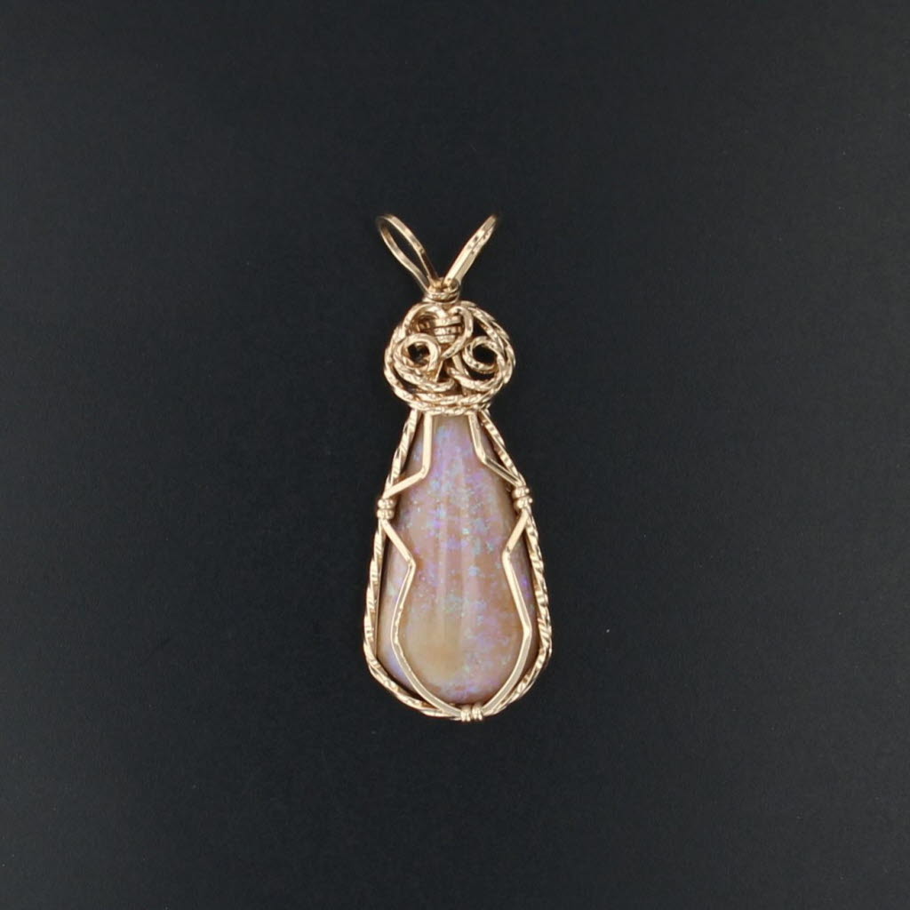 Pink Opal Teardrop Pendant Gold Filled Custom Wire Wrapped Statement