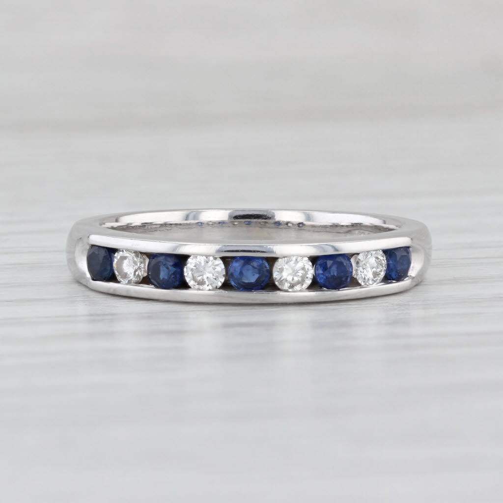 0.57ctw Blue Sapphire Diamond Wedding Band 14k White Gold Sz 8.25 Stackable Ring