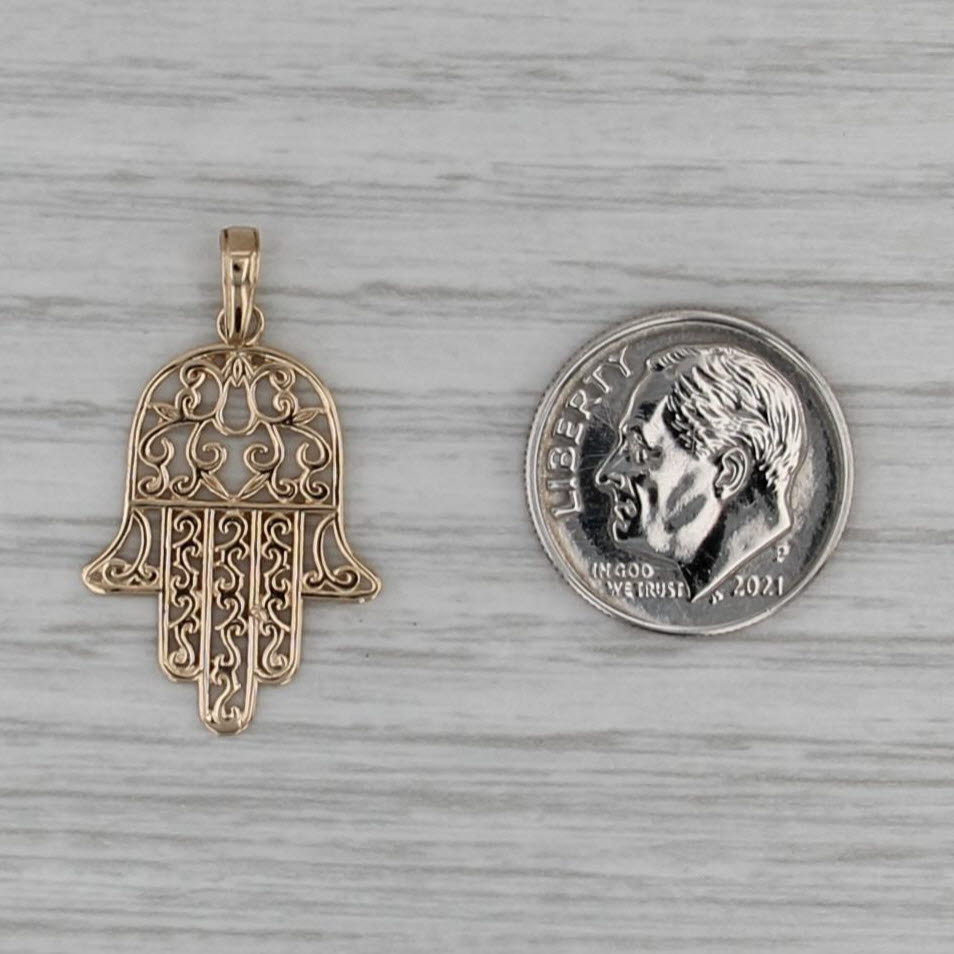 Ornate Openwork Hamsa Fatima Hand Pendant 14k Yellow Gold Charm