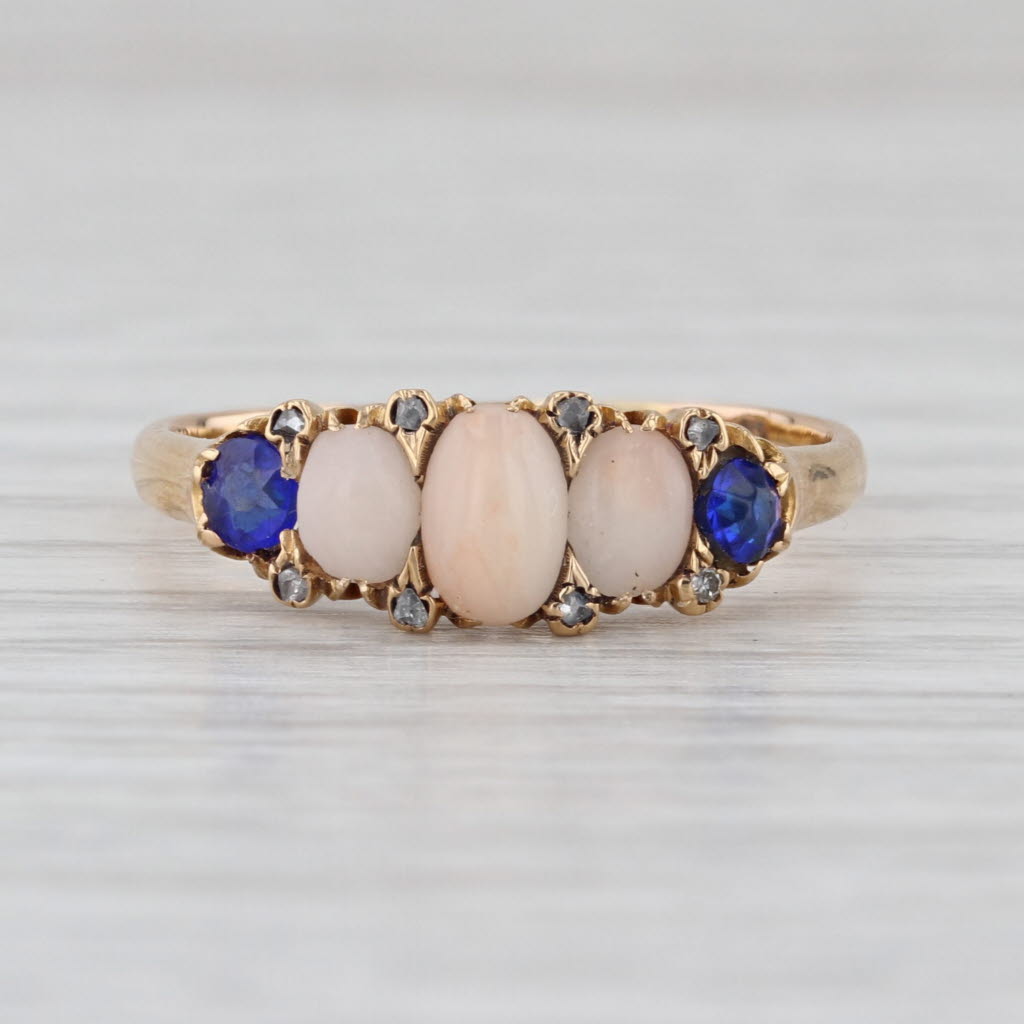 Victorian Antique Garnet Coral Diamond Ring 18k Yellow Gold Size 8.25