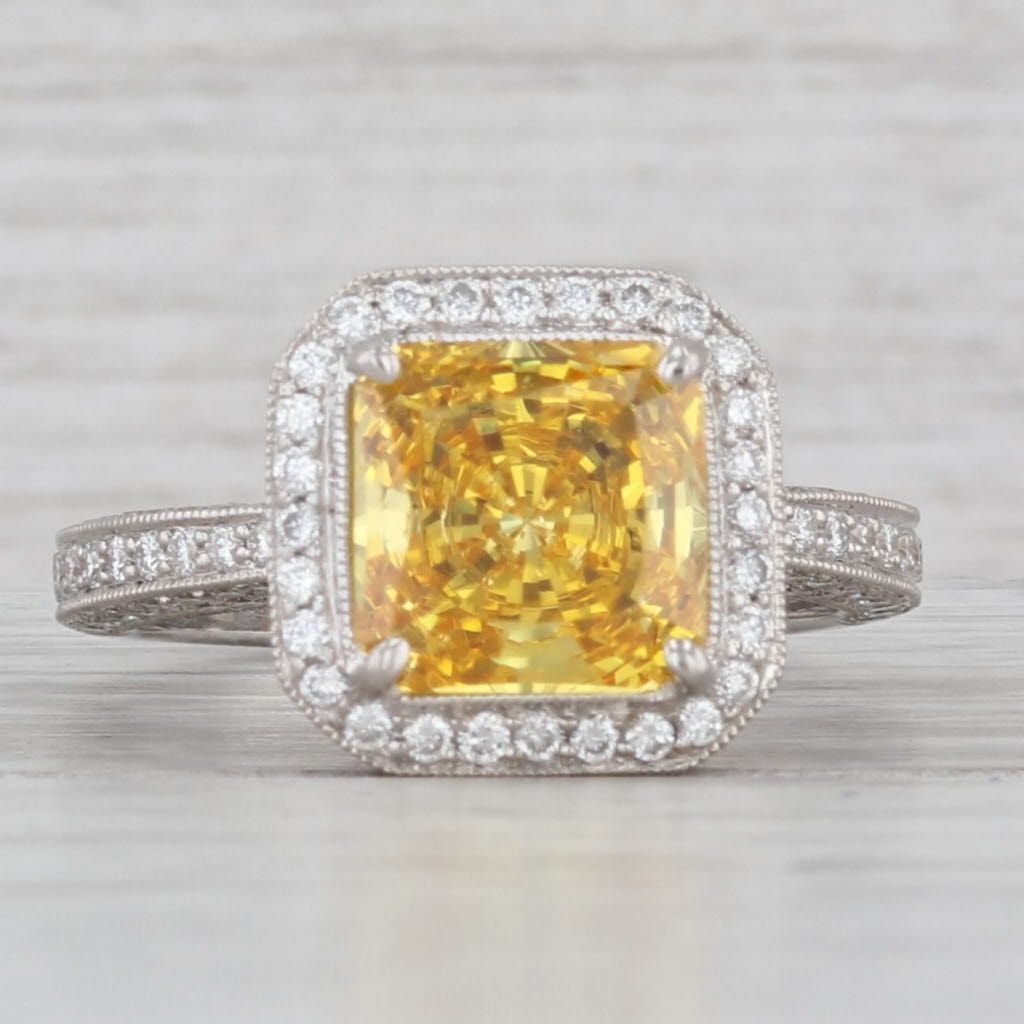 Simon G 5.42ctw Yellow Princess Cubic Zirconia Halo Ring 18k White Gold Size 5.5