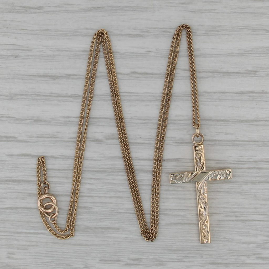 Reversible Cross Pendant Necklace Gold Filled Floral Engraved 19" Curb Chain