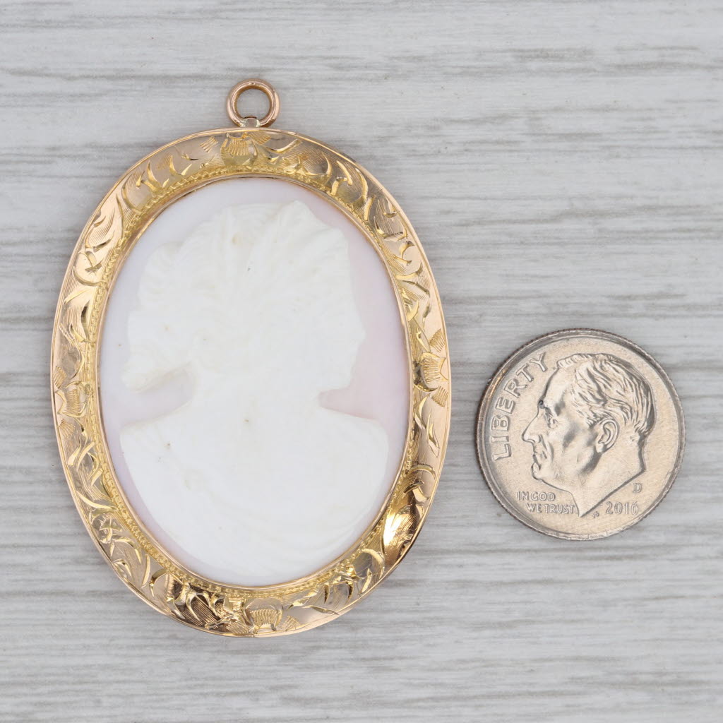 Gray Vintage Carved Shell Brooch Pendant 10k Yellow Gold Ornate Pin