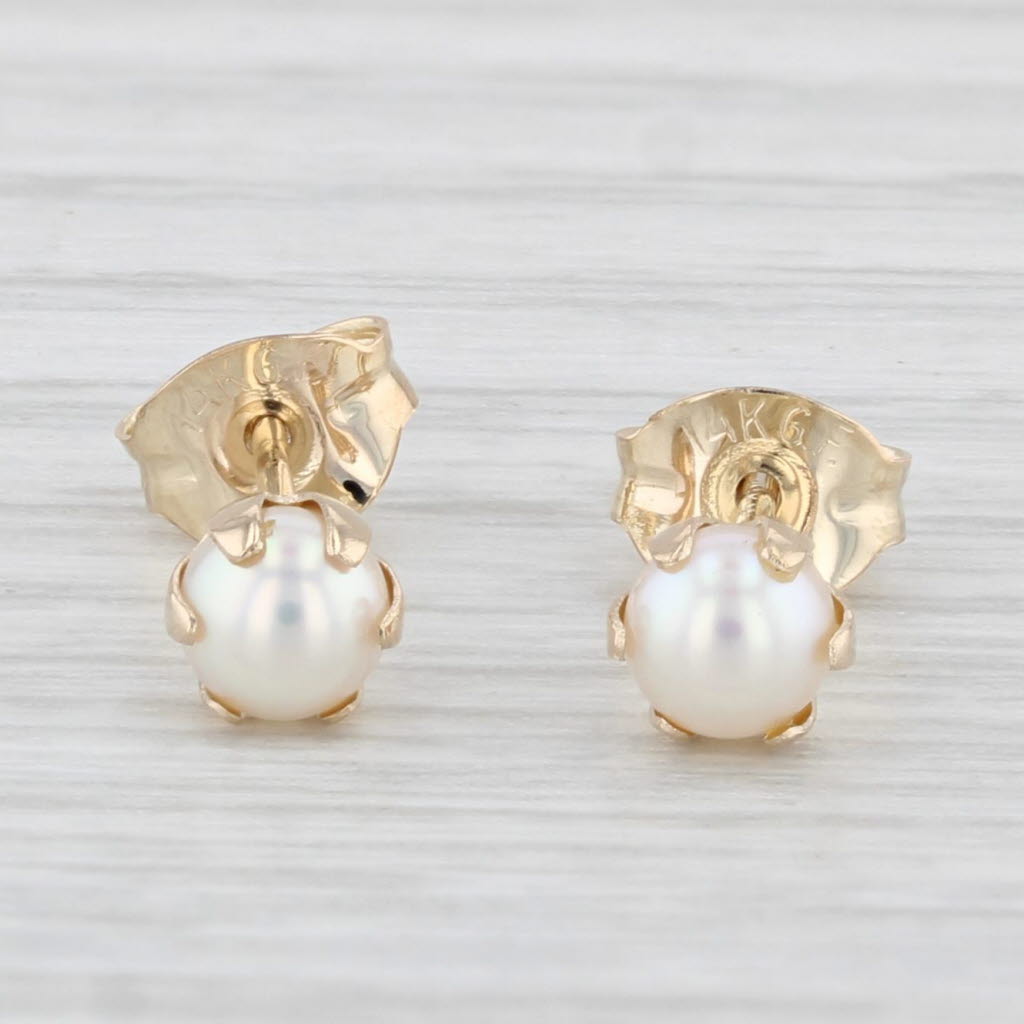 Light Gray Cultured Pearl Stud Earrings 14k Yellow Gold Round Solitaire Studs