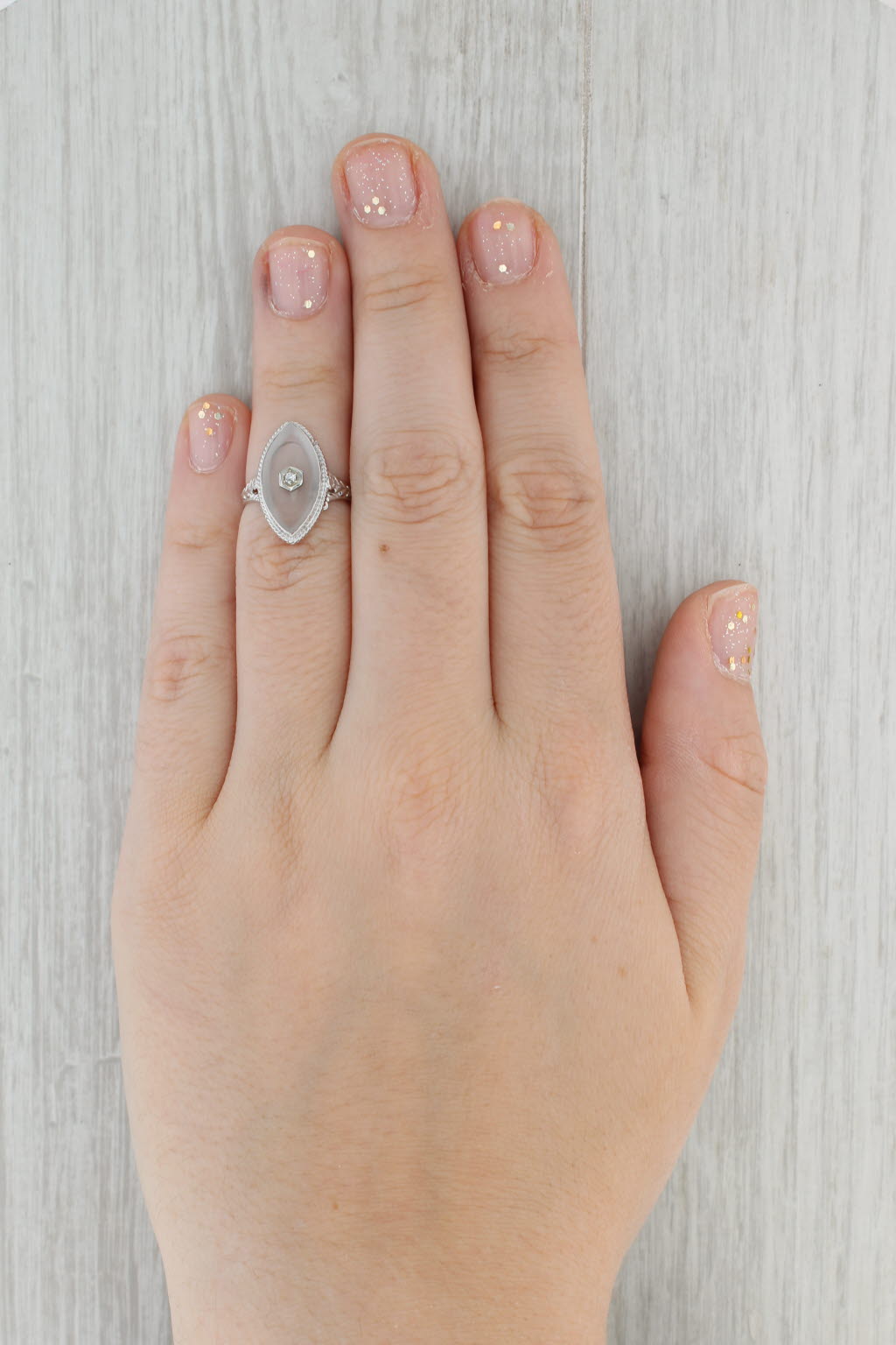 Gray Vintage Frosted Camphor Glass Ring 14k White Gold Size 5 Diamond Accent