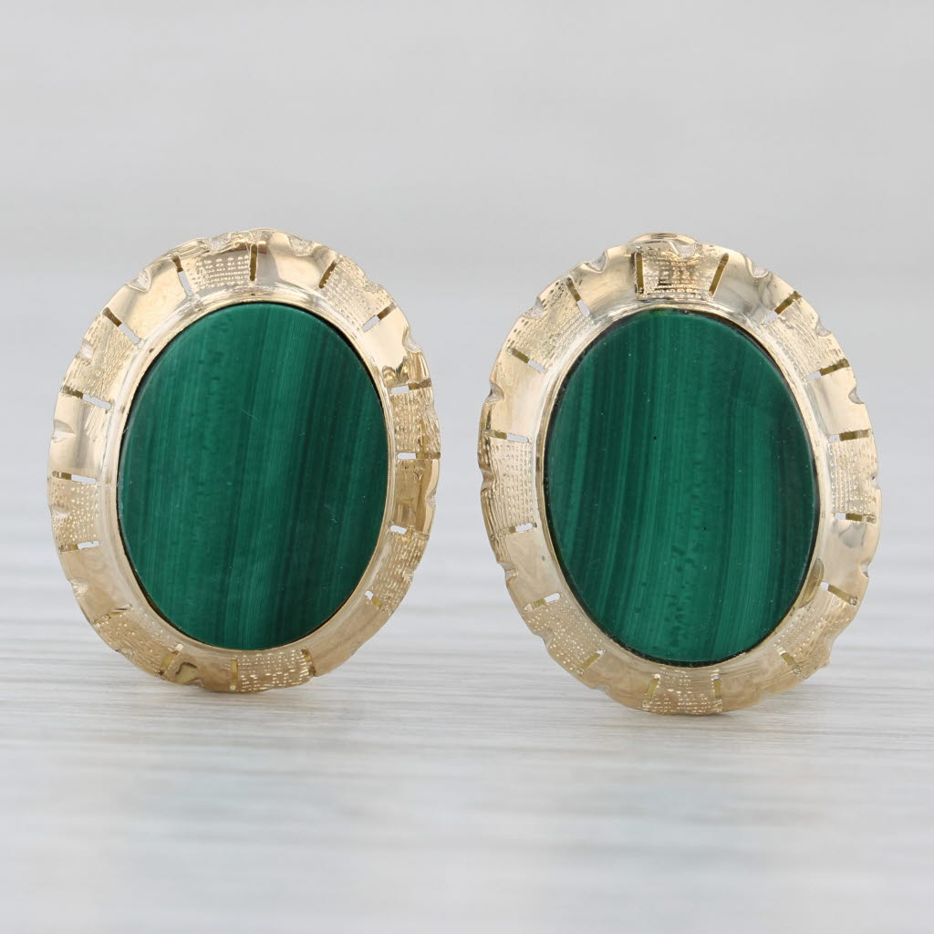 Light Gray Green Malachite Oval Cabochon Stud Earrings 14k Yellow Gold Omega Backs