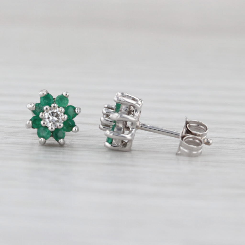 0.32ctw Emerald Diamond Flower Stud Earrings 14k White Gold Studs