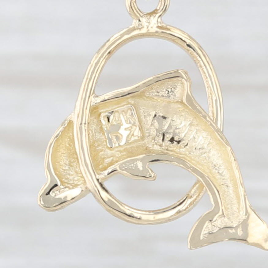 Light Gray Dolphin Jumping Through Hoop Dangle Earrings 14k Yellow Gold Pierced Drops