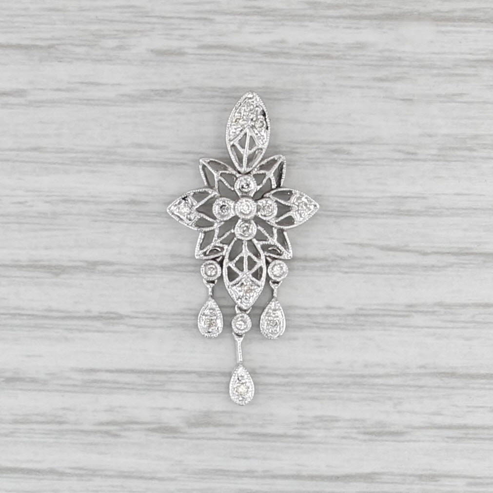 0.12ctw Diamond Filigree Ornate Pendant 18k White Gold Fring Drop