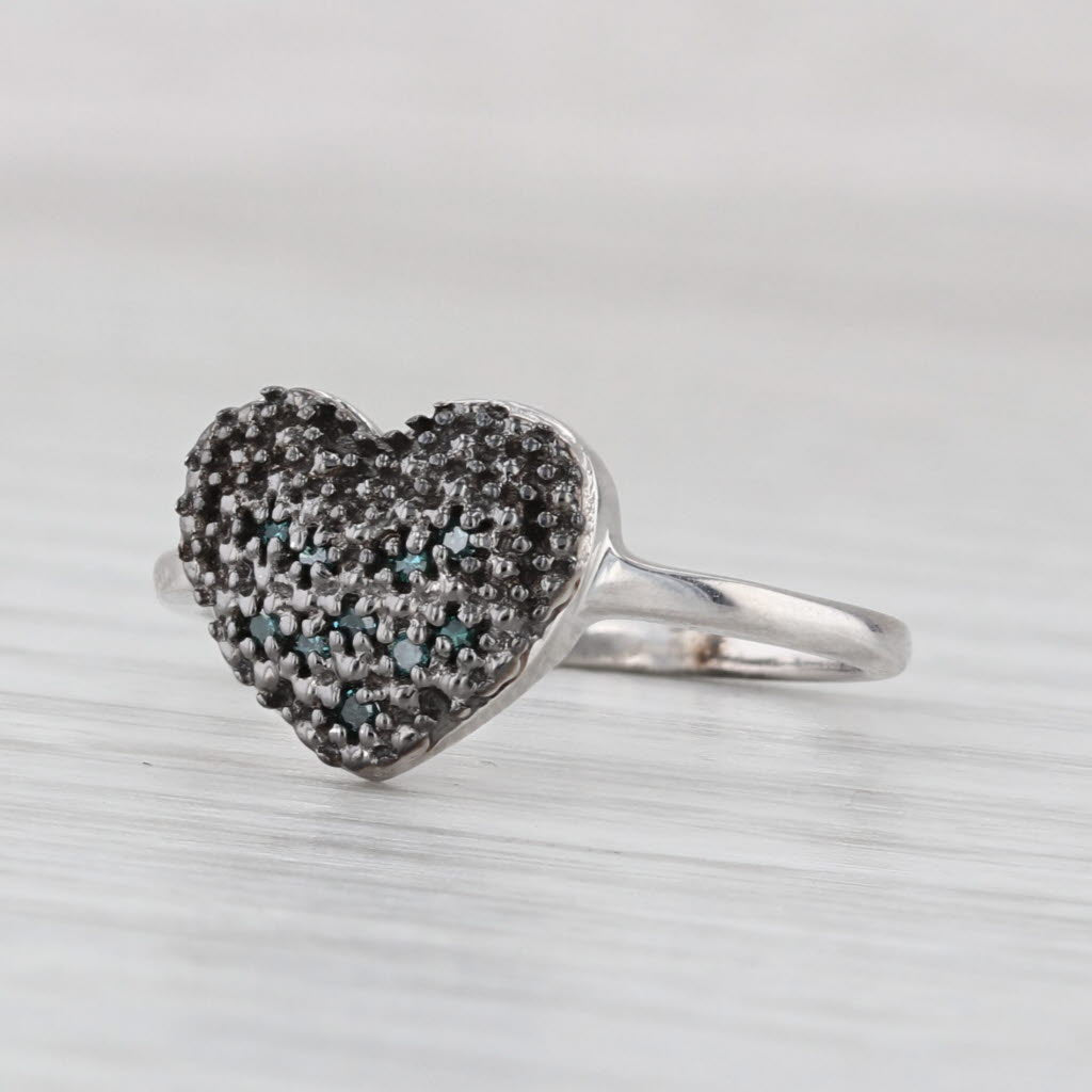 Pave Blue Diamond Cluster Heart Ring Sterling Silver Size 7