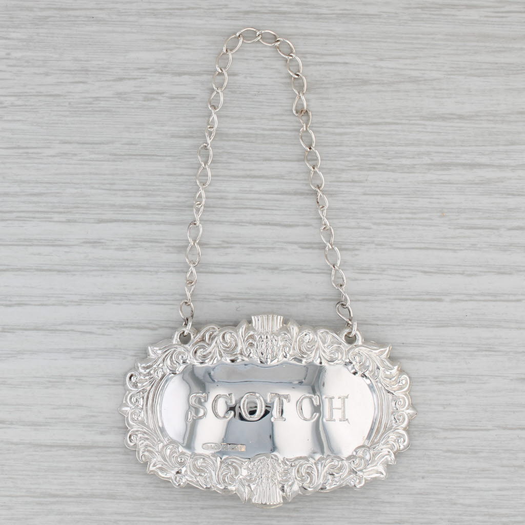 Gray Vintage Scotch Decanter Bottle Tag Charm British Sterling Silver Barware Ornate