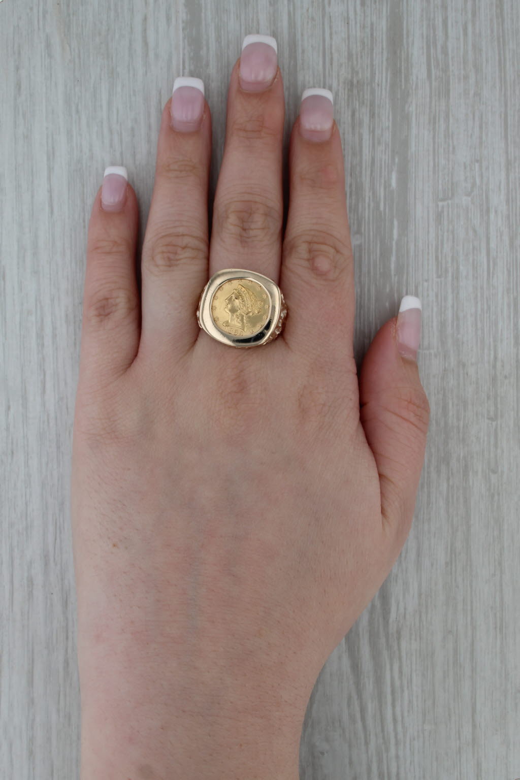 1899 $2.5 900 Gold Coin Nugget Ring 10k Yellow Gold Size 10.75 Signet