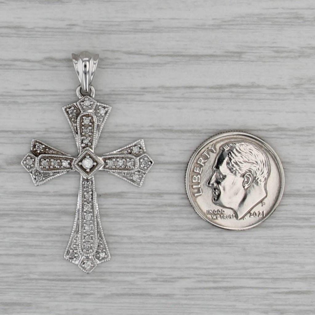 0.18ctw Diamond Cross Pendant 10k White Gold Ornate Estate