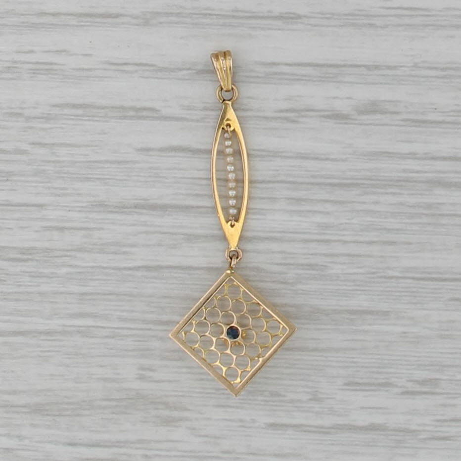 Vintage Lavalier Lab Created Sapphire Seed Pearls Pendant 10k Yellow Gold