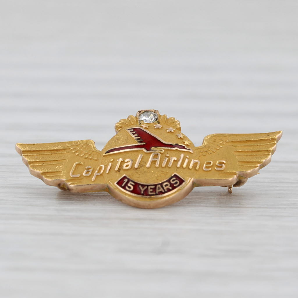 Light Gray Capital Airlines 15 Years Company Service 10k Gold Diamond Enamel Vintage