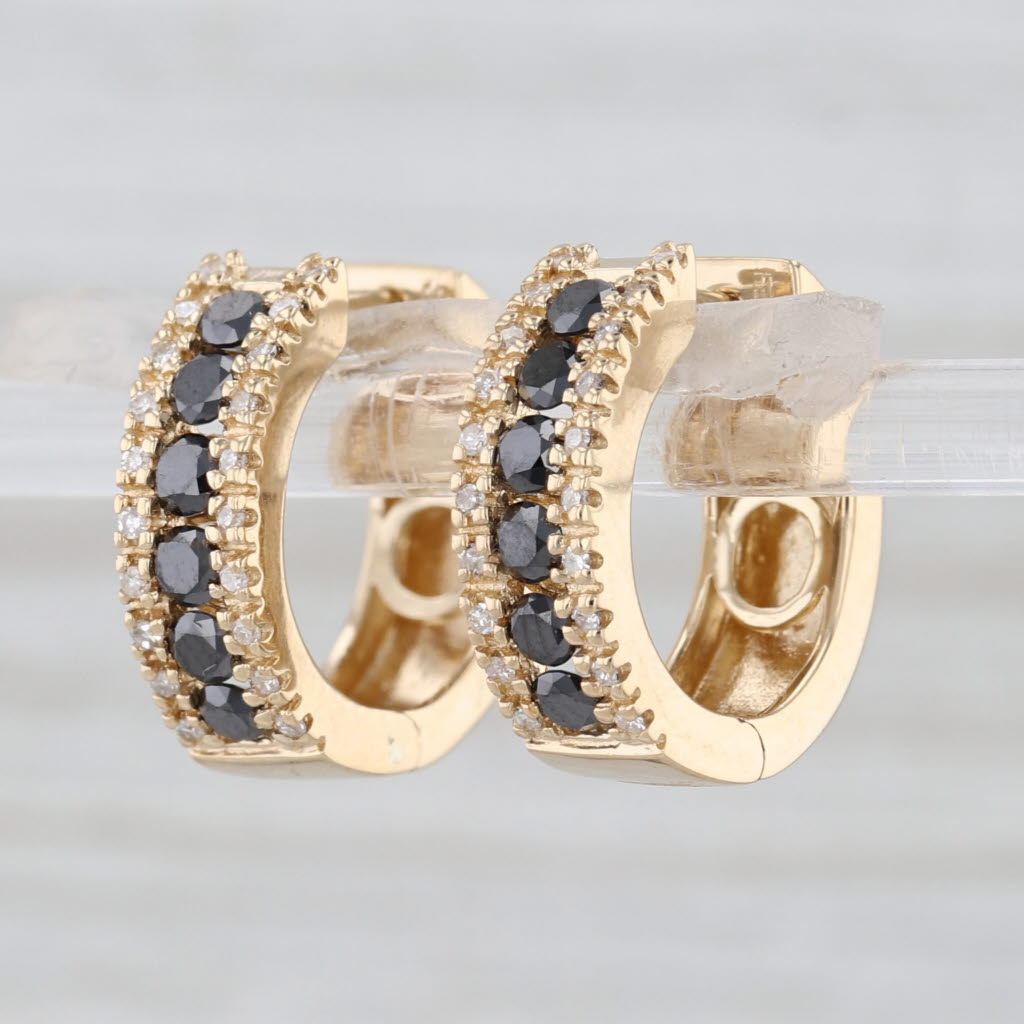 0.70ctw Black White Diamond Hoop Earrings 14k Yellow Gold Snap Top Round Hoops