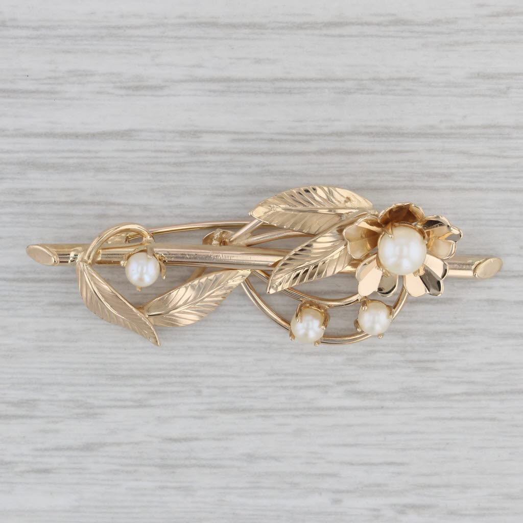 Gray Vintage Cultured Pearl Flower Brooch 14k Yellow Gold Floral Pin