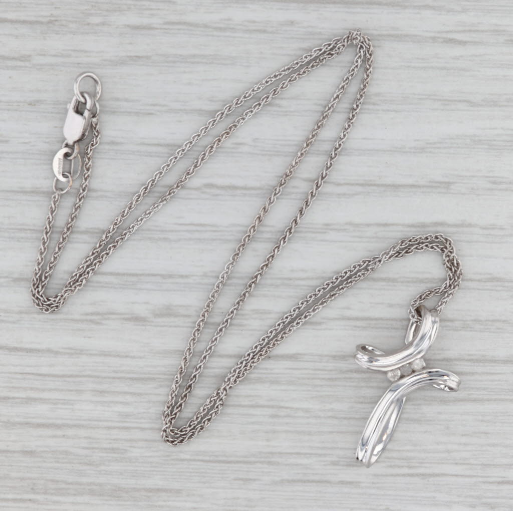 Diamond Cross Pendant Necklace 10k White Gold Wheat Chain 18" 1.2mm