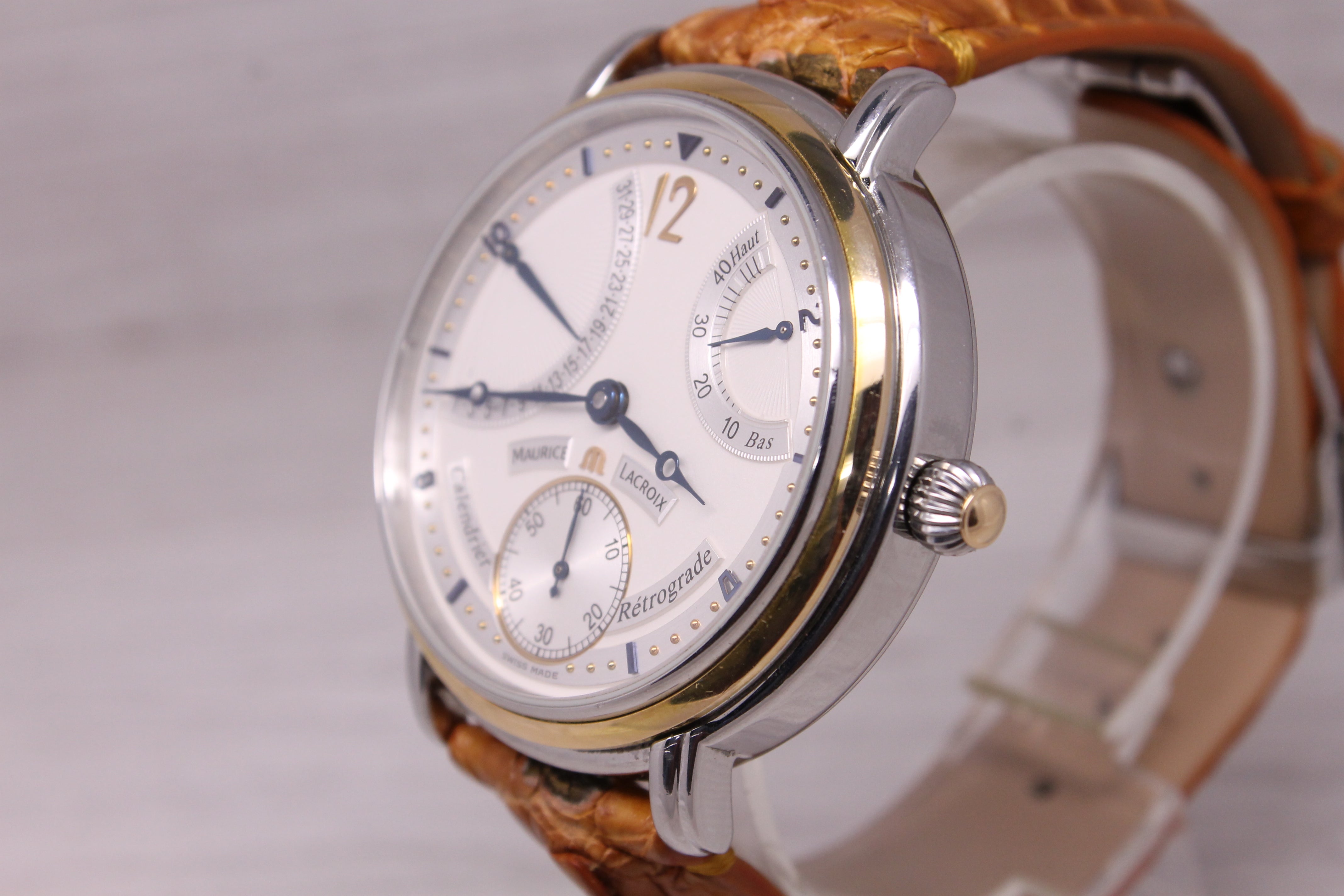 Maurice Lacroix Retrograde Calendar Mens 43mm Steel & 18k Gold Watch w/ Box Tag