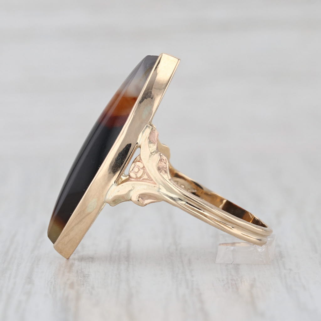 Vintage Chalcedony Agate Navette Solitaire Ring 10k Yellow Gold Size 8.5