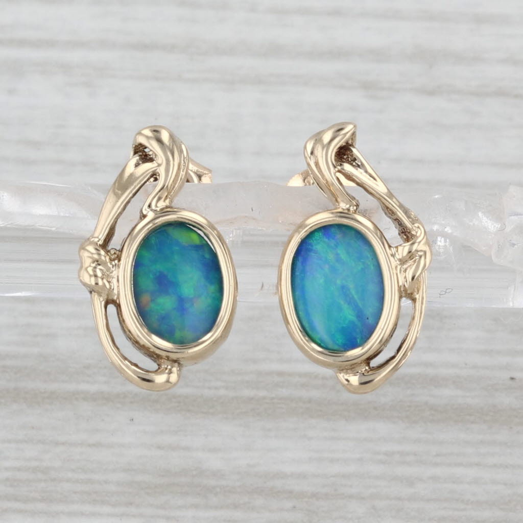 Blue Opal Stud Earrings 14k Yellow Gold Oval Cabochon Studs