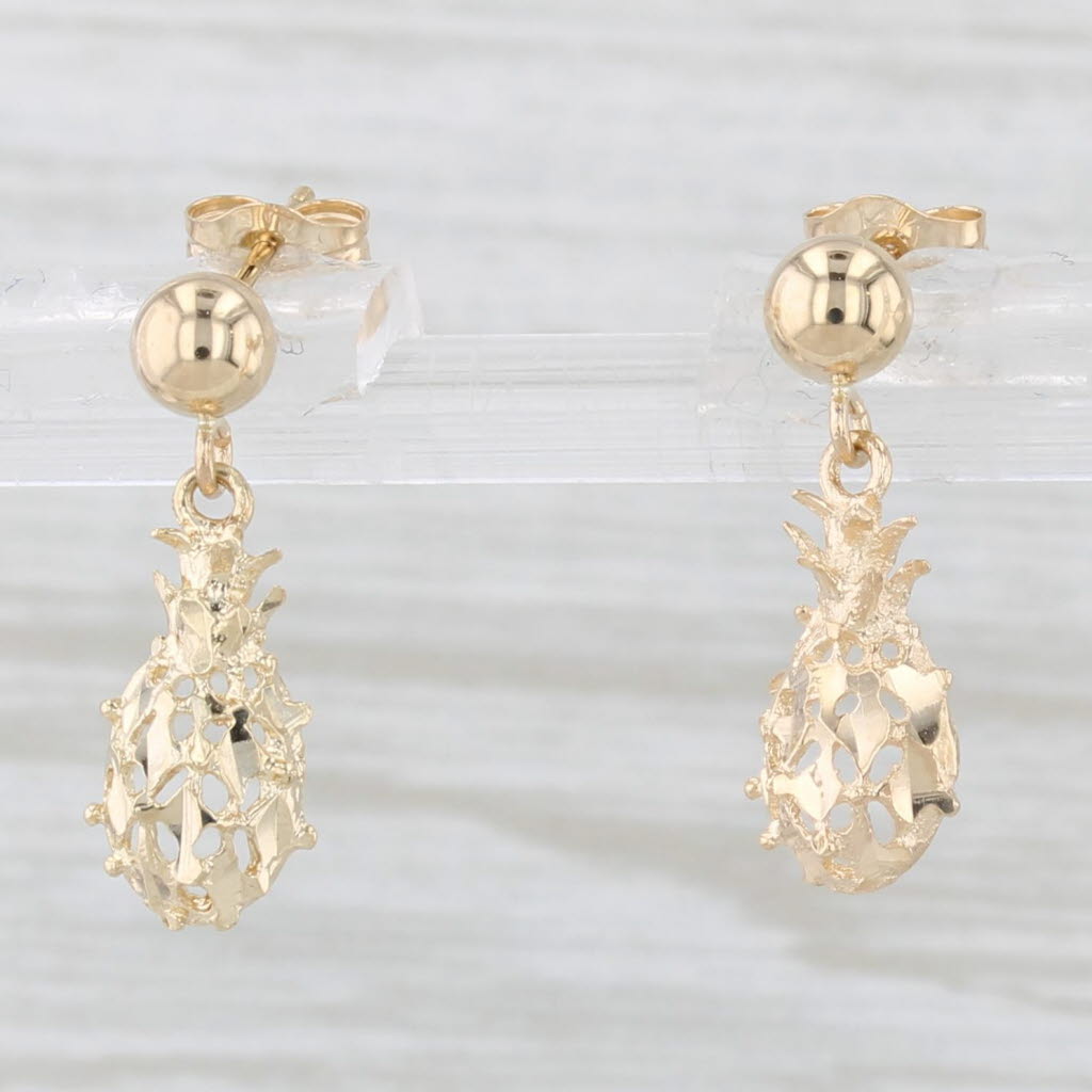 Light Gray Pineapple Dangle Earrings 14k Yellow Gold Small Drops Ornate Openwork