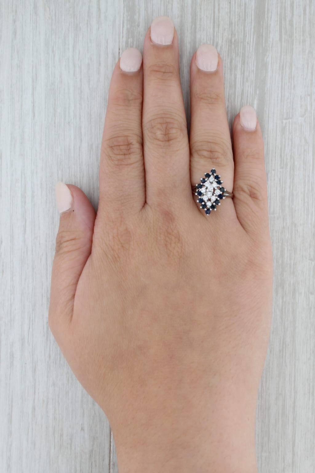 1ctw Blue Sapphire Diamond Cluster Ring 14k White Gold Size 7.5 Cocktail