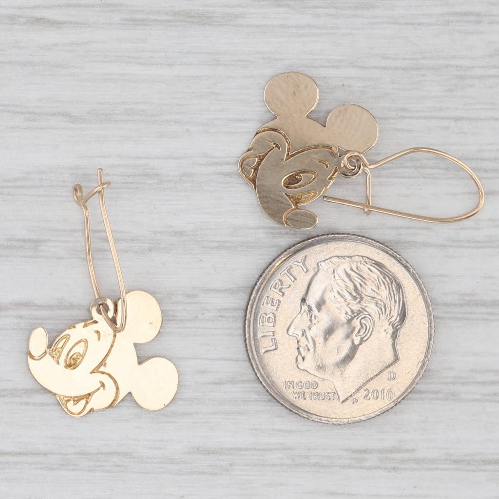Light Gray Mickey Mouse Dangle Earrings 14k Yellow Gold Disney Cartoon