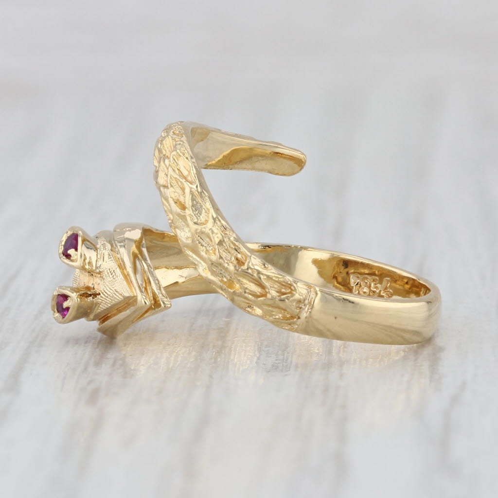 Vintage Lab Created Ruby Eyed Coiled Snake Ring 18k Gold Adjustable Size 6.5