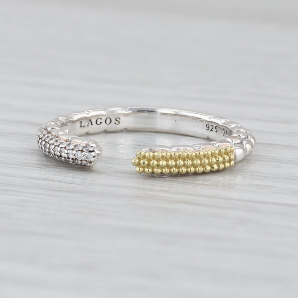 New Lagos Caviar Lux 2-Toned Diamond Open Stacking Ring Sterling Silver 18k Gold