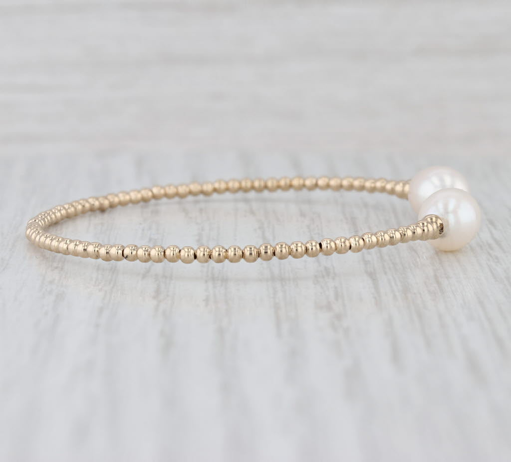 Cultured Pearl Bead Cuff Bracelet 14k Yellow Gold 7" Adjustable