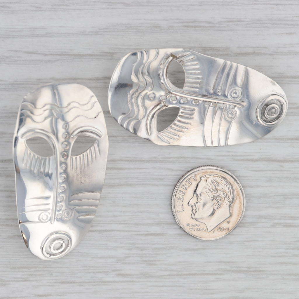 Gray Woods Tribal Mask Statement Earrings Sterling Silver Vintage Drops
