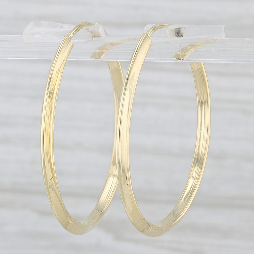 Light Gray Beveled Hoop Earrings 18k Yellow Gold Pierced Round Hoops