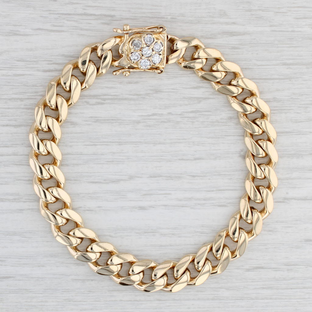 Light Gray 14k Yellow Gold Cuban Curb Link Mens Heavy Bracelet 0.60 ctw Diamond Clasp