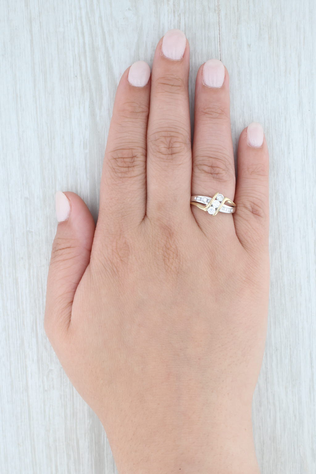 Light Gray 0.50ctw Diamond 3-Stone Bypass Ring 14k White Yellow Gold Size 7