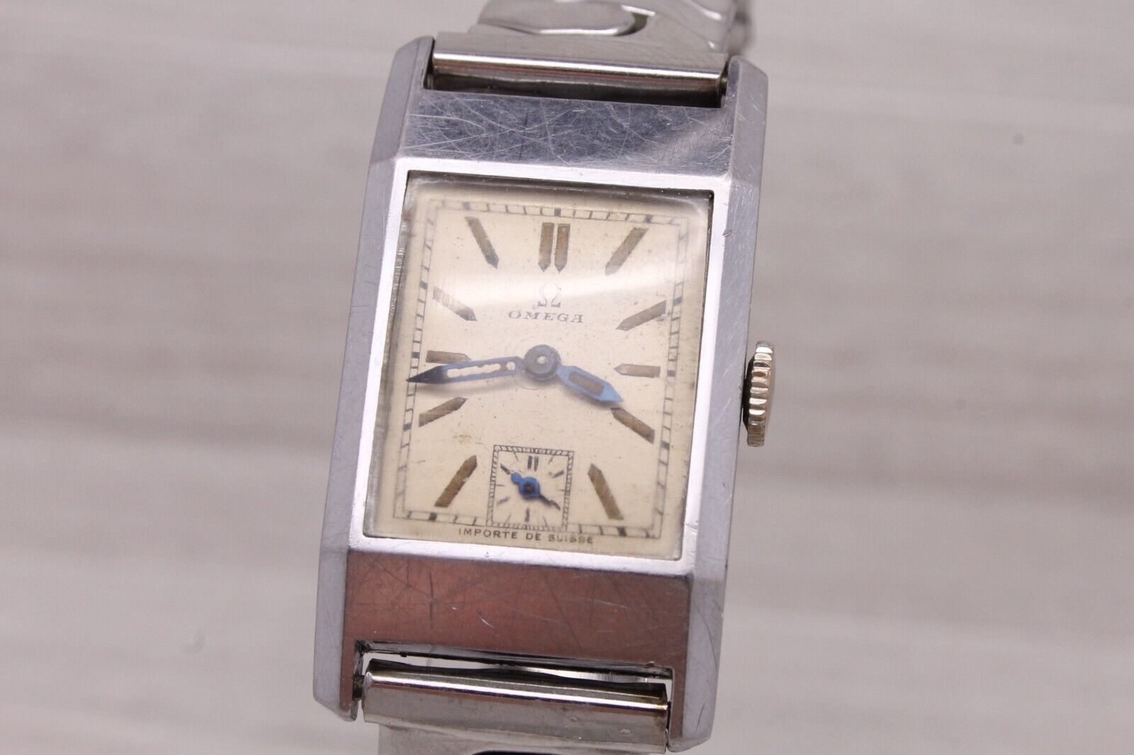 Dark Gray VINTAGE c.1930 Omega Steel Tank Watch cal.20F ORIGINAL Dial Fab Importe Suisse